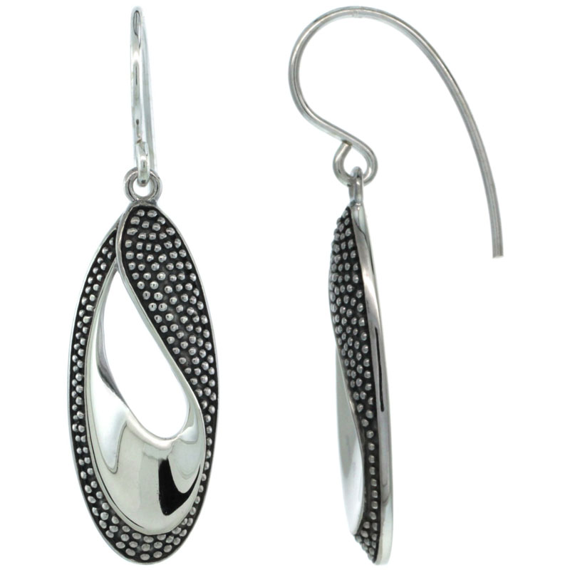 Sterling Silver Dangle Beaded Oval Earrings 1 1/2 inch long