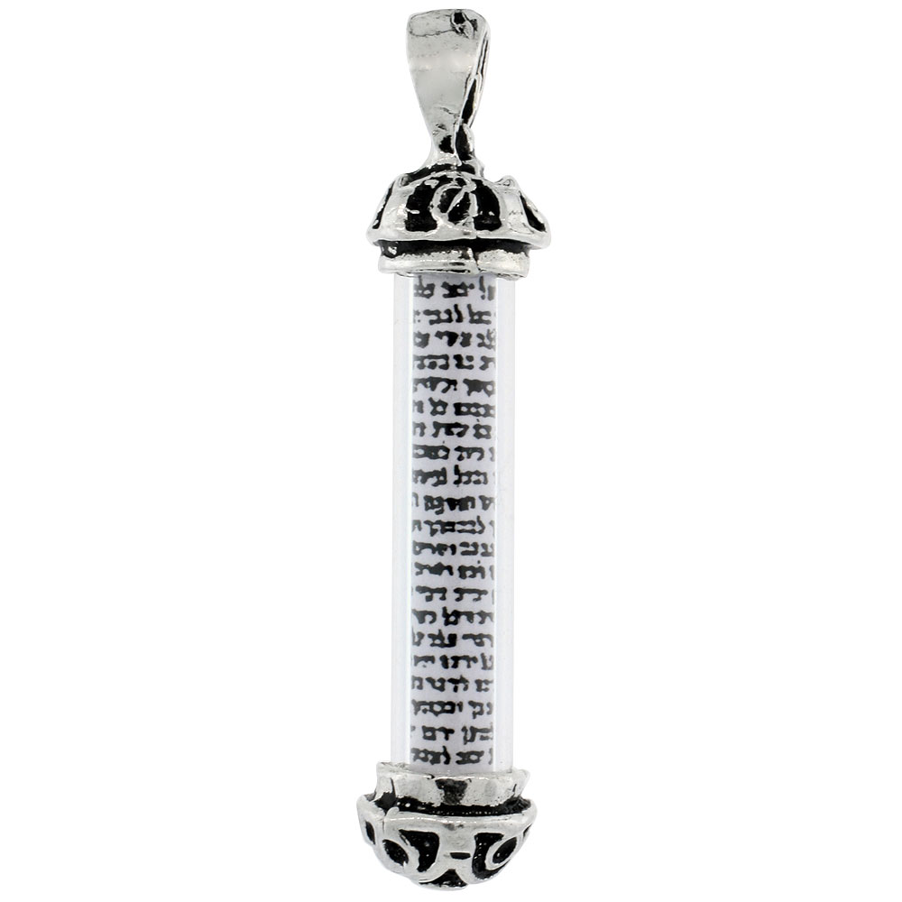 Sterling Silver Mezuzah Pendant w/ Filigree End Caps in Glass Case 1 3/8 inch