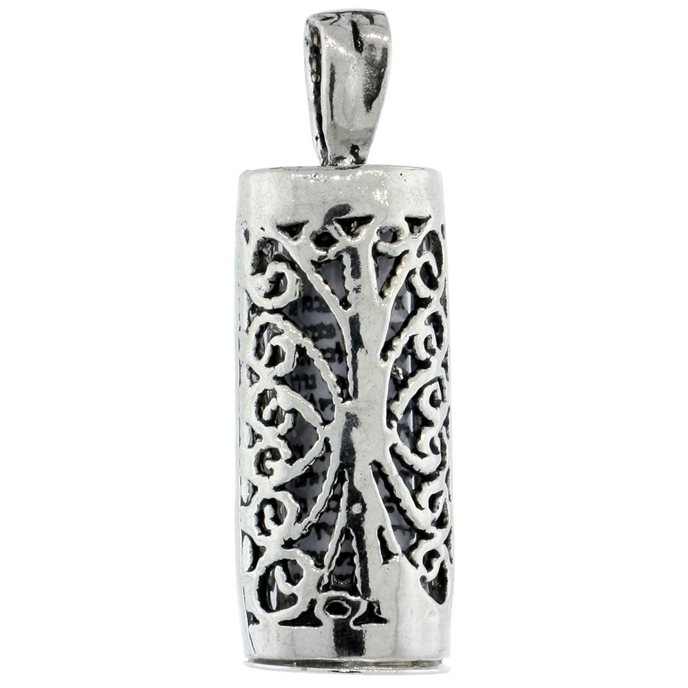 Sterling Silver Mezuzah Pendant Tubular Shape Filigree Design 7/8 inch
