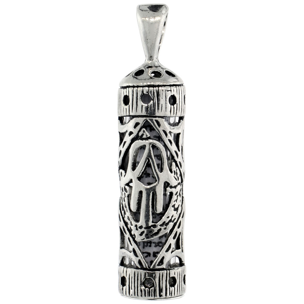 Sterling Silver Mezuzah Pendant w/ Hamsa Cut Out 1 1/16 inch