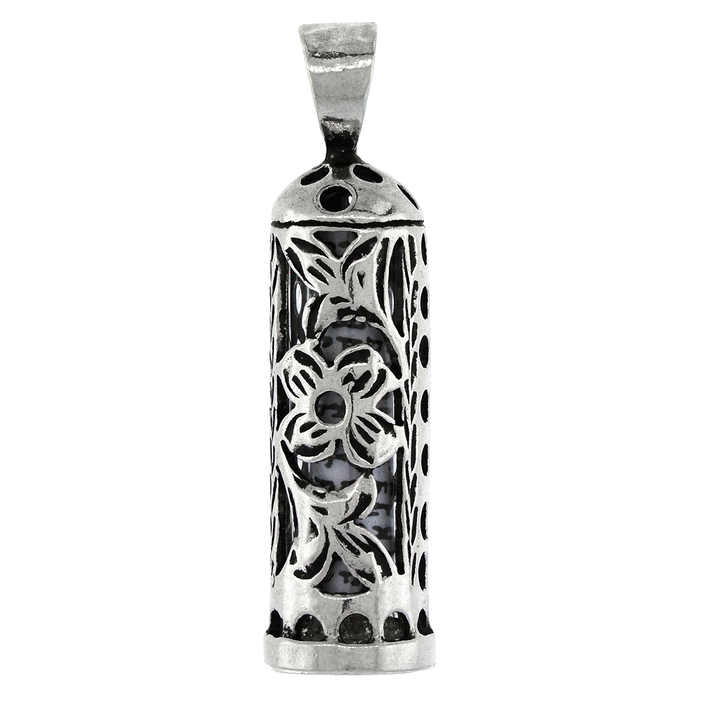 Sterling Silver Mezuzah Pendant Tubular Shape w/ Floral Pattern 1 inch