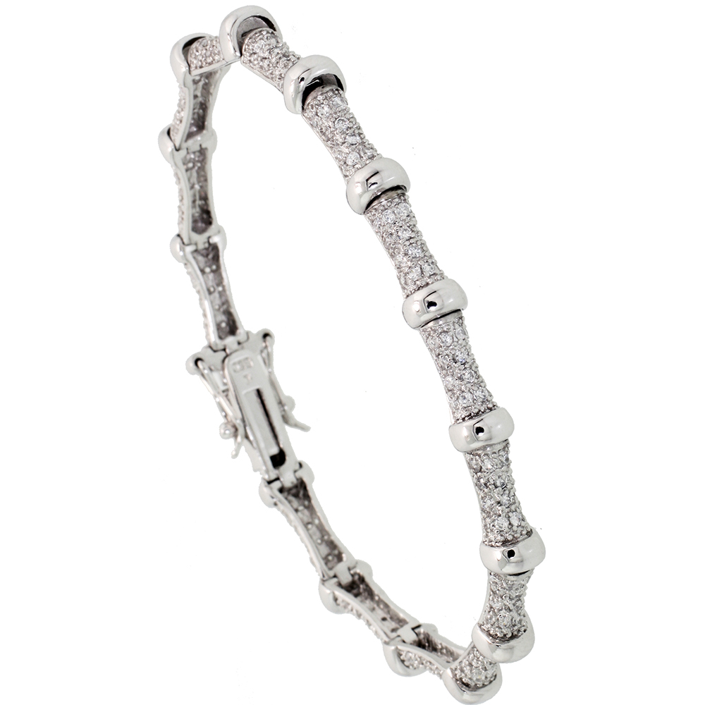 Sterling Silver Bead Station CZ Bracelet, 7 in., 1/4 in. (6 mm) wide