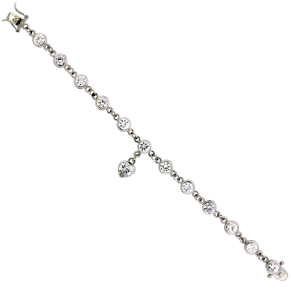 Sterling Silver 14.00 ct. size CZ Station Bracelet w/ Dangle Heart Charm, 7 in., 9/32&quot; (7 mm) wide