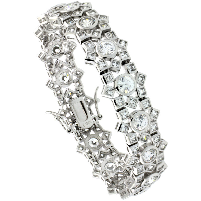 Sterling Silver 16 ct. size Brilliant & Princess Cut CZ Tennis Bracelet, 6.75 in., 9/16" (14.5 mm) wide