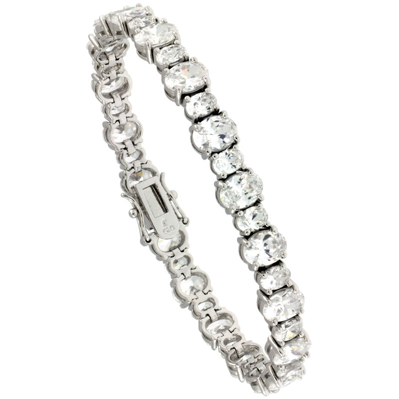 Sterling Silver 28.50 ct. size Oval Cut CZ Tennis Bracelet, 7 in., 9/32&quot; (7 mm) wide