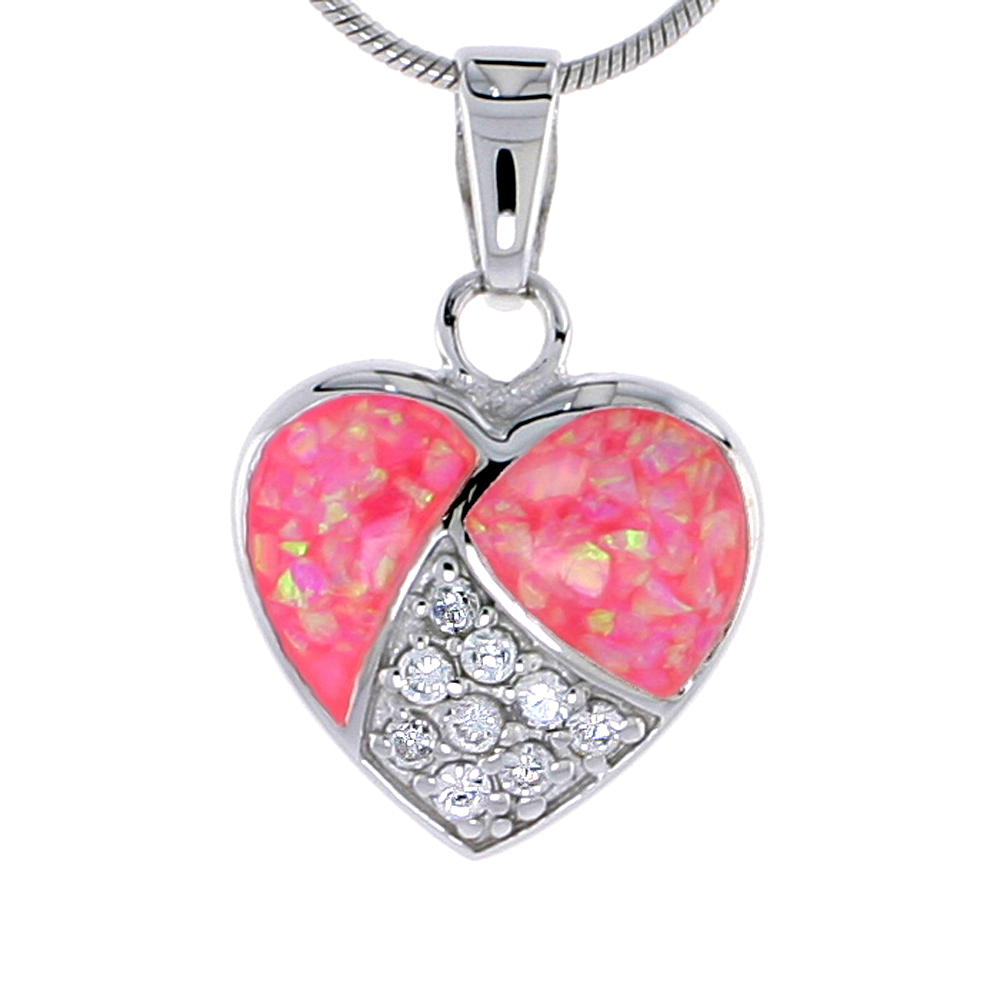 Sterling Silver Heart Pendant inlaid Pink Synthetic Opal &amp; Cubic Zirconia stones, 5/8 inch