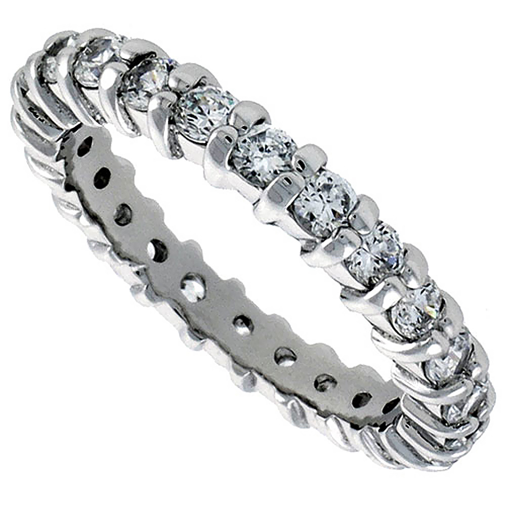 Sterling Silver Cubic Zirconia Eternity Ring 2.5mm Round Rhodium finish, sizes 6 - 9