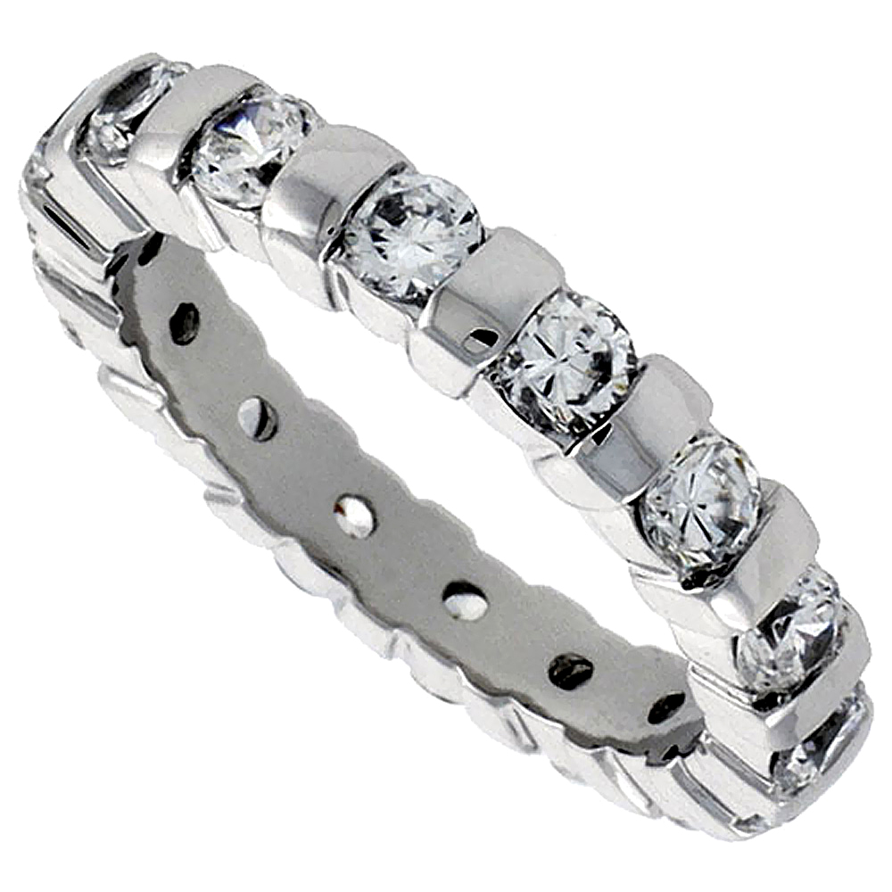 Sterling Silver Cubic Zirconia Eternity Ring 3mm Round Rhodium finish, sizes 6 - 9