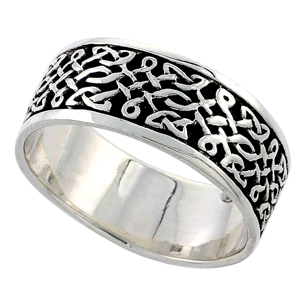 Sterling Silver Celtic Knot Ring flat Wedding Band Thumb Ring 5/16 inch wide, sizes 9-14