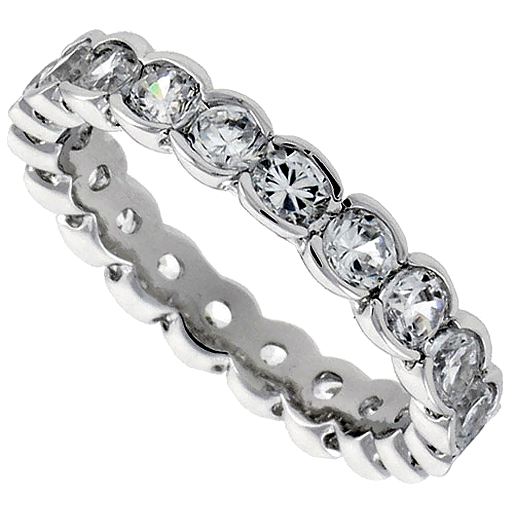 Sterling Silver Cubic Zirconia Eternity Ring 2.5mm Round Rhodium finish, sizes 6 - 9