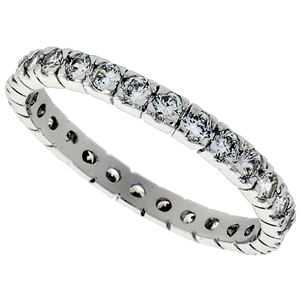 Sterling Silver Cubic Zirconia Eternity Ring 2mm Round Rhodium finish, sizes 6 - 9