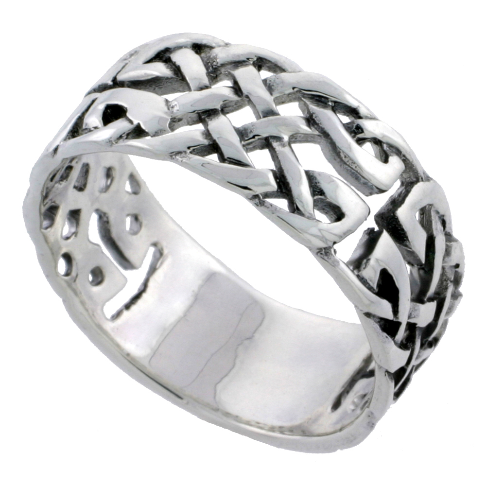 Sterling Silver Celtic Knot Ring Wedding Band Thumb Ring 3/8 inch wide, sizes 6 - 10