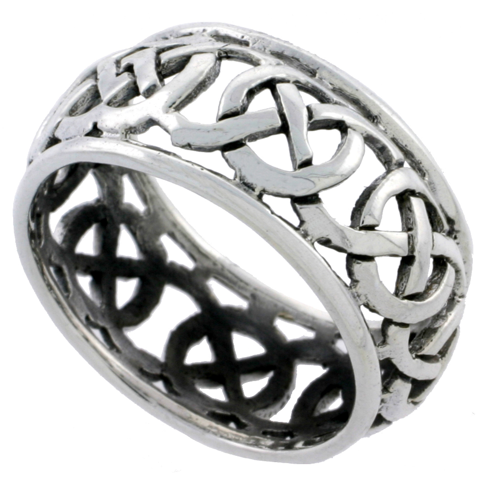 Sterling Silver Celtic Knot Ring Wedding Band Thumb Ring 3/8 inch wide, sizes 6 - 10
