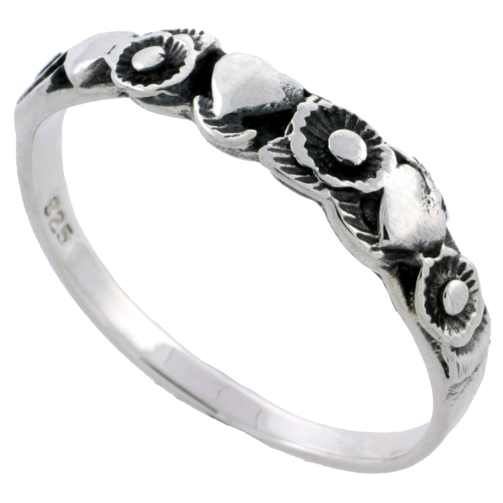 Sterling Silver Dainty Hearts & Flowers Ring 3/16 inch wide, sizes 6 - 10