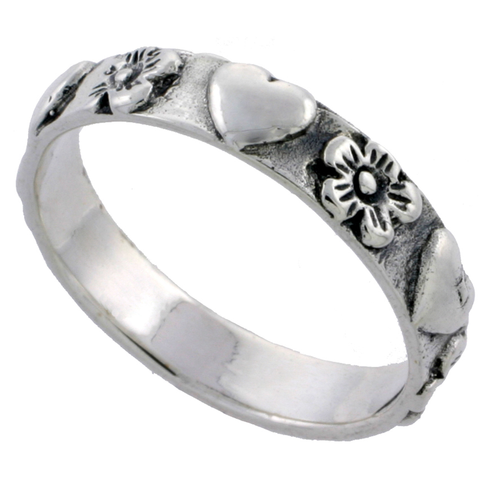 Sterling Silver Dainty Hearts & Flowers Ring 3/16 inch, sizes 6 - 10