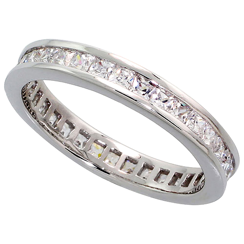 Sterling Silver Cubic Zirconia Eternity Ring Princess cut 2mm Rhodium finish, sizes 6 - 9