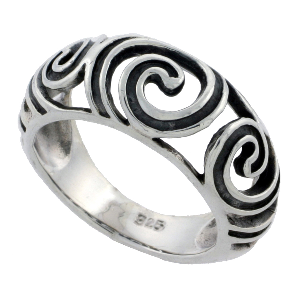 Sterling Silver Swirl Design Dome Ring 5/16 inch wide, sizes 6 - 10