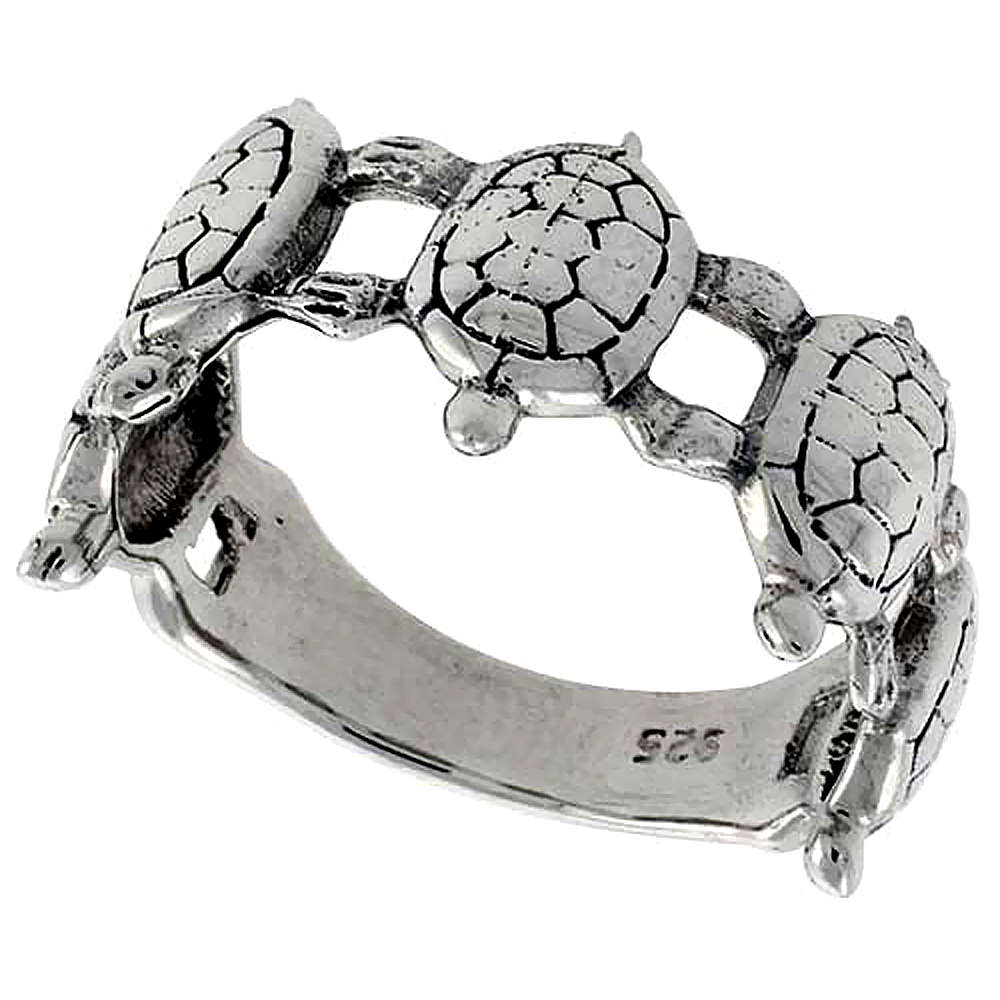 Sterling Silver Turtles Ring 3/8 inch wide, sizes 6 - 10