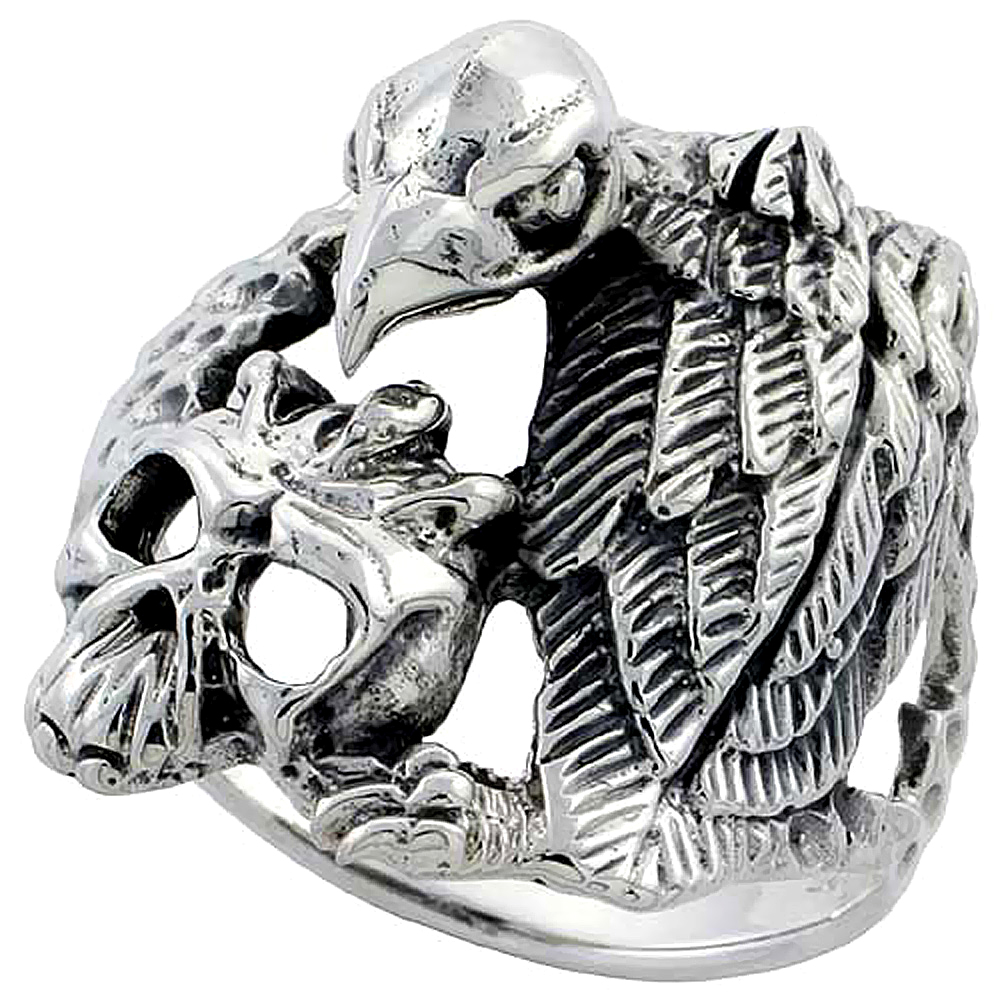 Sterling Silver Vulture with Skull Ring 1 inch wide, sizes 6 to 15