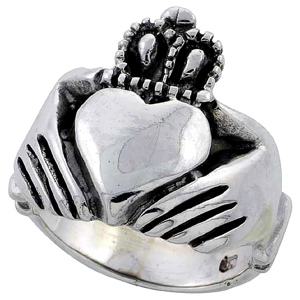 Sterling Silver Claddagh Ring Large 3/4 inch wide, sizes 6 to 15