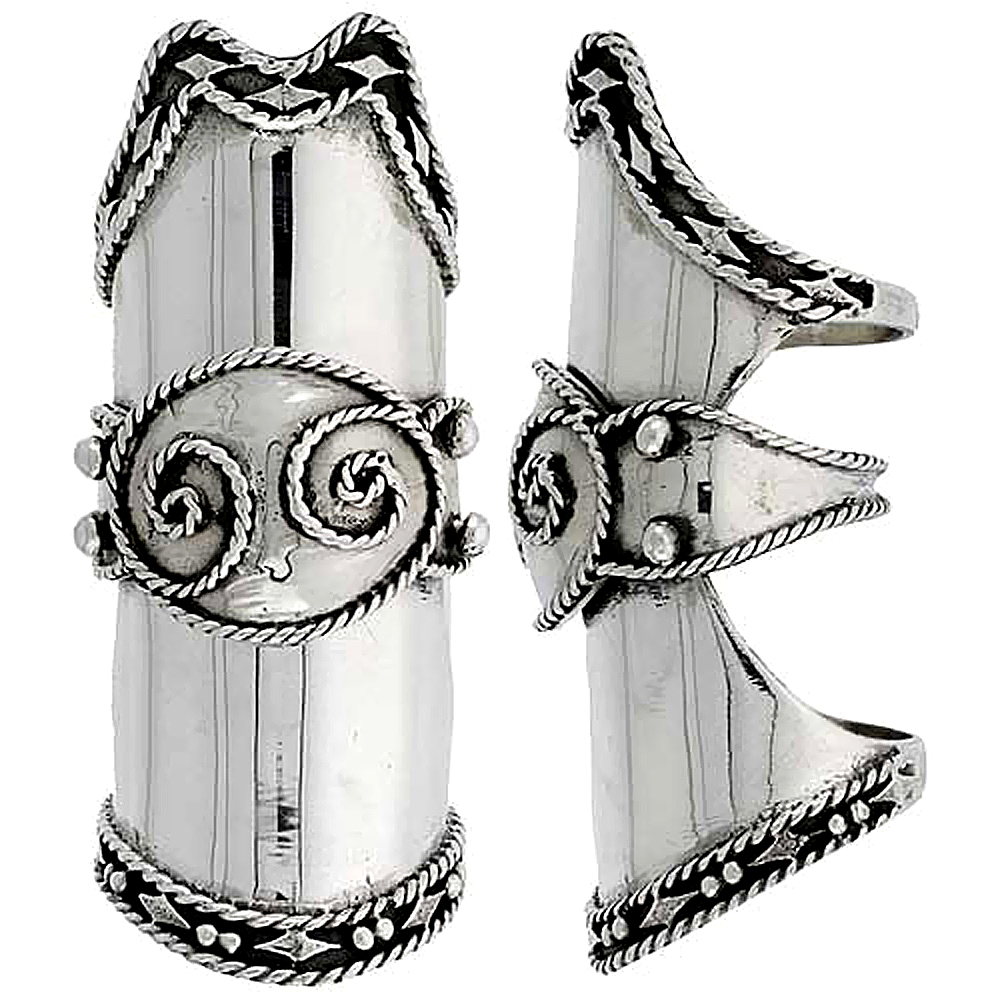 2 3/8 inch long Sterling Silver Finger Armor Ring C Scroll Center Twisted Rope Trim