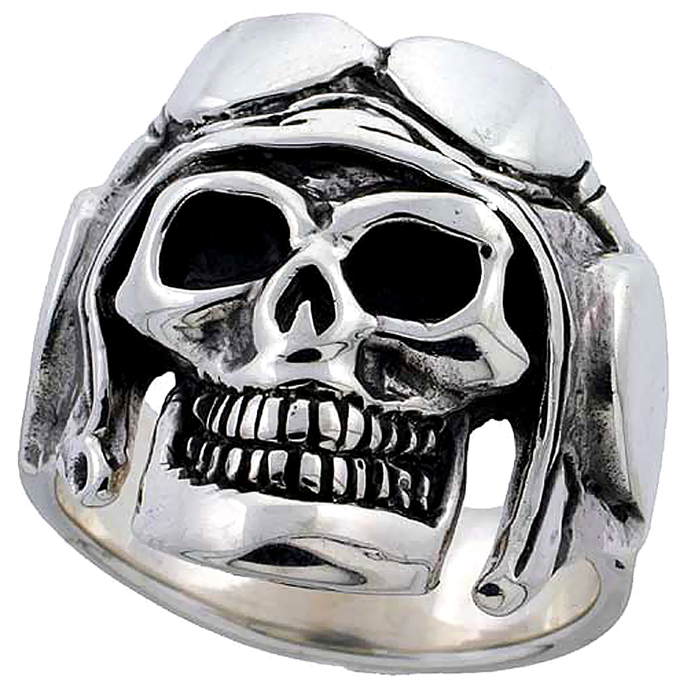 Sterling Silver Skull with Helmet Ring 1 inch wide, sizes 8 to 14