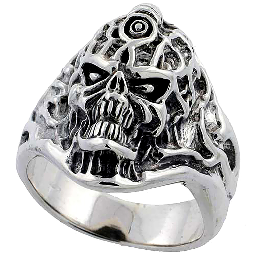 Sterling Silver Tattooed Skull Ring 1 1/8 inch wide, sizes 8 to 14
