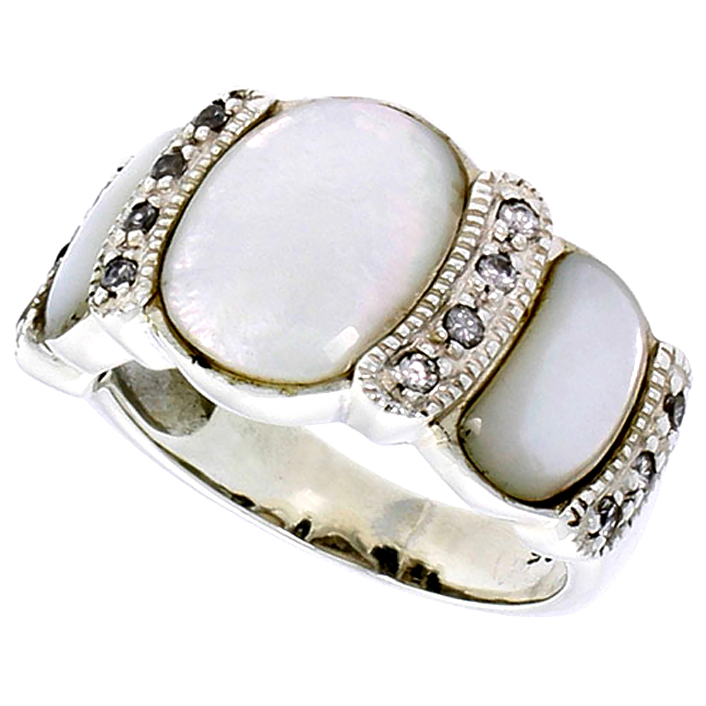 Sterling Silver Oxidized Ring, w/ 12 x 9 mm & Two 9 x 5 mm Oval-shaped Mother of Pearls, & Tiny CZ's, 1/2" (13 mm) wide