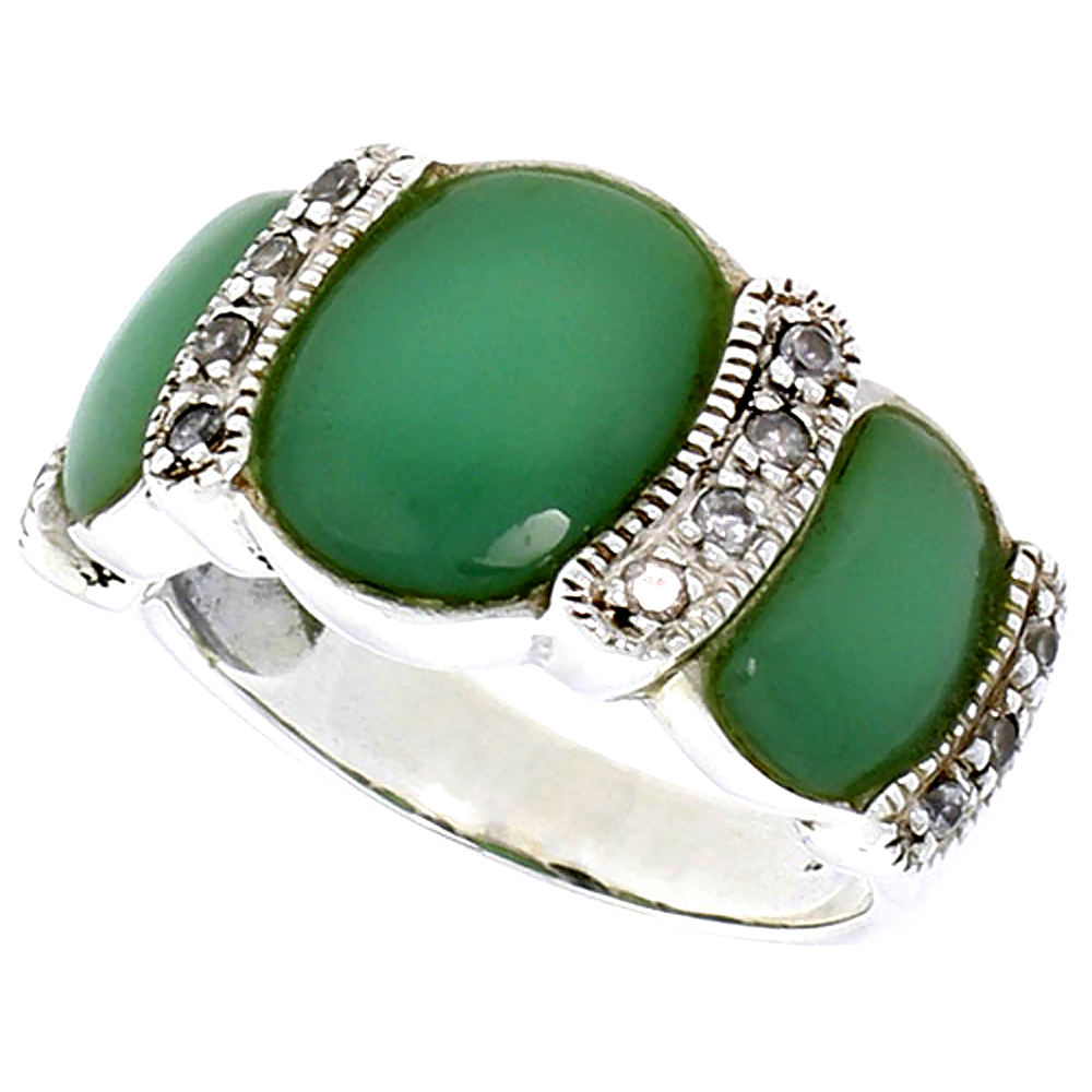 Sterling Silver Oxidized Ring, w/ 12 x 9 mm & Two 9 x 5 mm Oval-shaped Green Resin, & Tiny CZ's, 1/2" (13 mm) wide