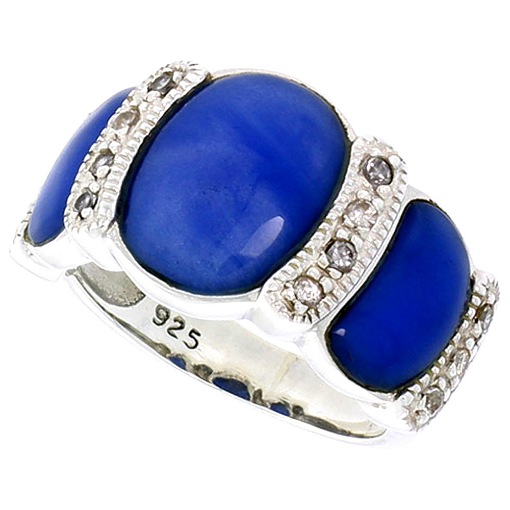 Sterling Silver Oxidized Ring, w/ 12 x 9 mm & Two 9 x 5 mm Oval-shaped Blue Resin, & Tiny CZ's, 1/2" (13 mm) wide