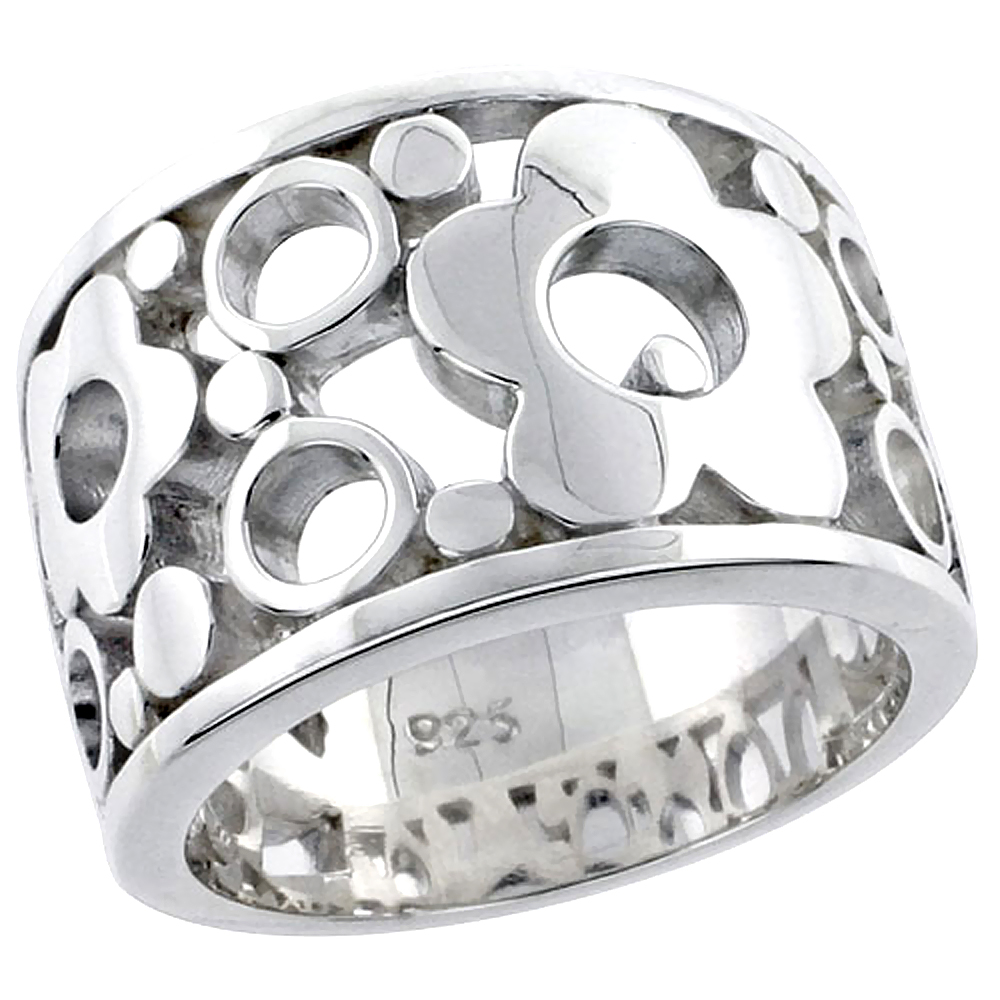 Sterling Silver Bubbles &amp; Flower Ring Flawless finish, 1/2 inch wide, sizes 6 - 10