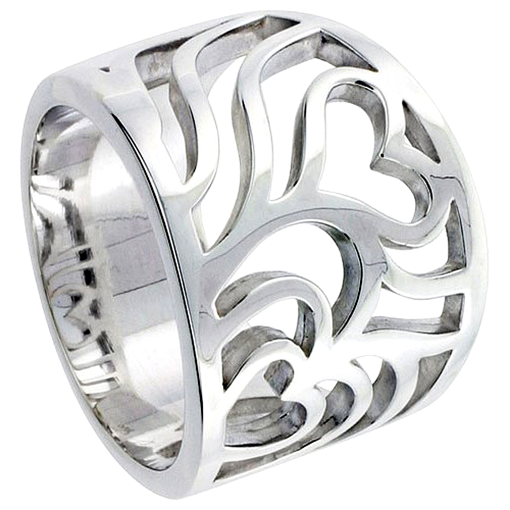 Sterling Silver Cascading Hearts Cigar Band Ring Flawless finish 5/8 inch wide, sizes 6 - 10