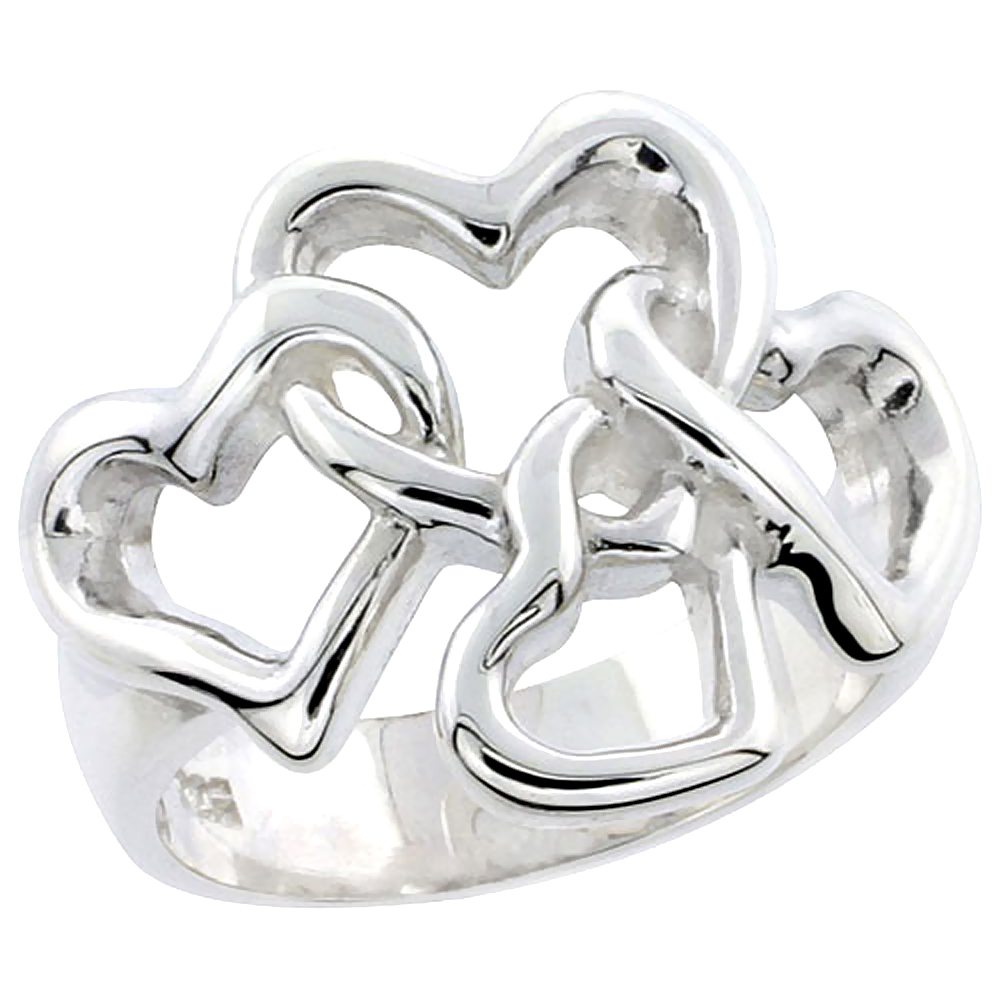 Sterling Silver 4 linked Hearts Flawless finish 5/8 inch wide, sizes 6 - 10
