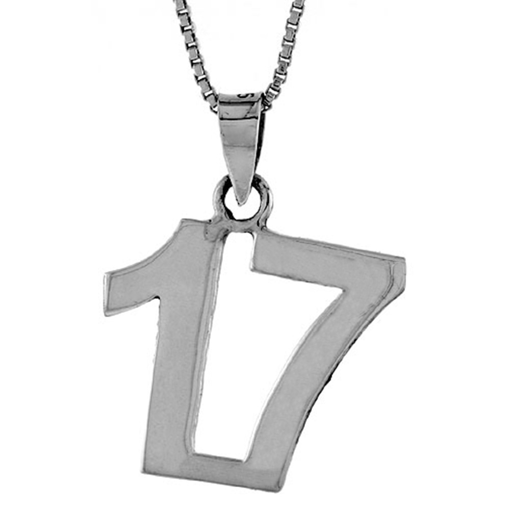 Sterling Silver Number 17 Necklace for Jersey Numbers & Recovery High Polish 3/4 inch, 2mm Curb Chain