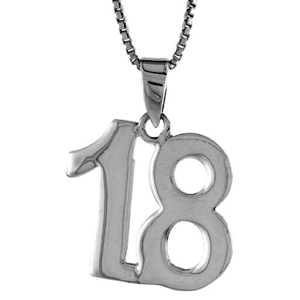 Sterling Silver Number 18 Necklace for Jersey Numbers & Recovery High Polish 3/4 inch, 2mm Curb Chain