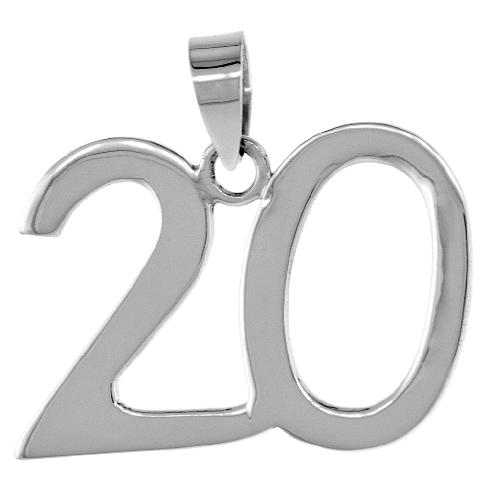 Sterling Silver Number 20 Necklace for Jersey Numbers &amp; Recovery High Polish 3/4 inch, 2mm Curb Chain