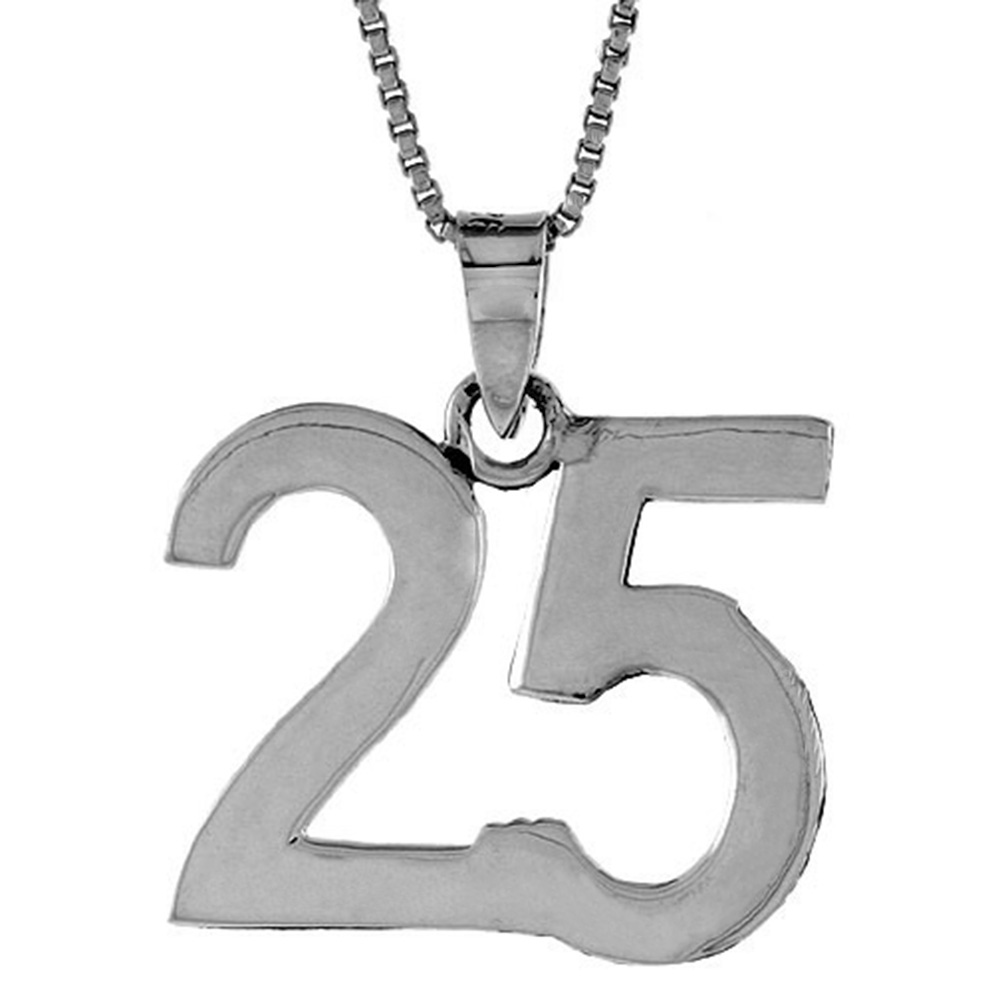 Sterling Silver Number 25 Necklace for Jersey Numbers & Recovery High Polish 3/4 inch, 2mm Curb Chain