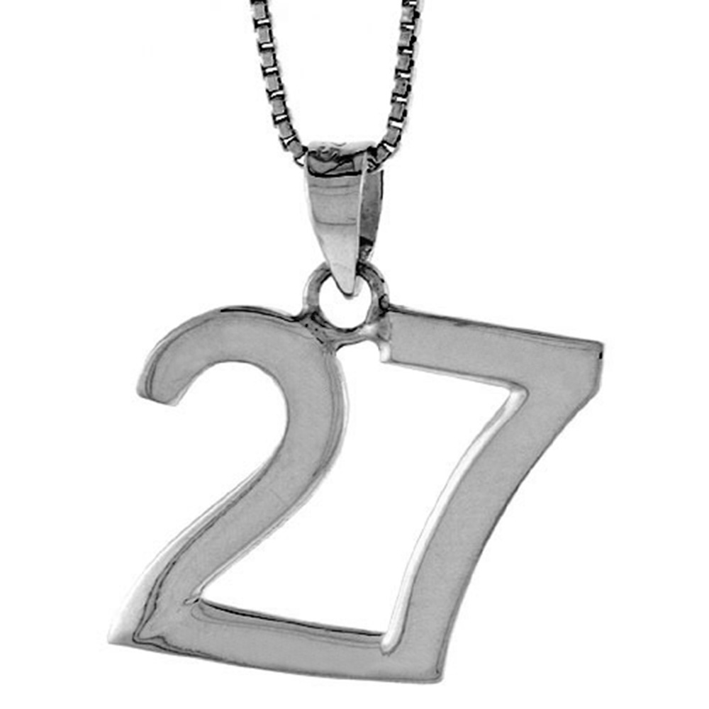 Sterling Silver Number 27 Necklace for Jersey Numbers &amp; Recovery High Polish 3/4 inch, 2mm Curb Chain