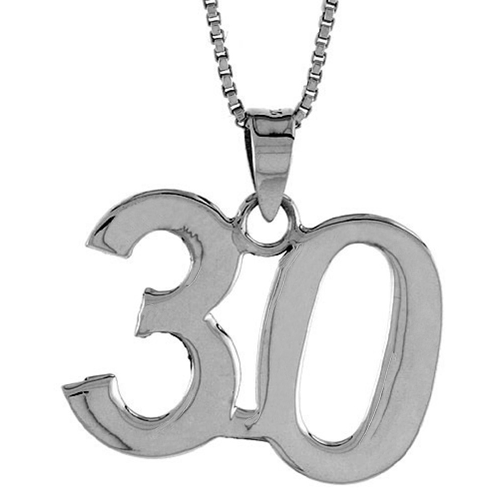 Sterling Silver Number 30 Necklace for Jersey Numbers & Recovery High Polish 3/4 inch, 2mm Curb Chain