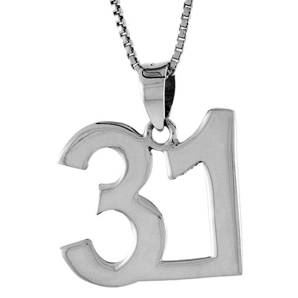 Sterling Silver Number 31 Necklace for Jersey Numbers & Recovery High Polish 3/4 inch, 2mm Curb Chain