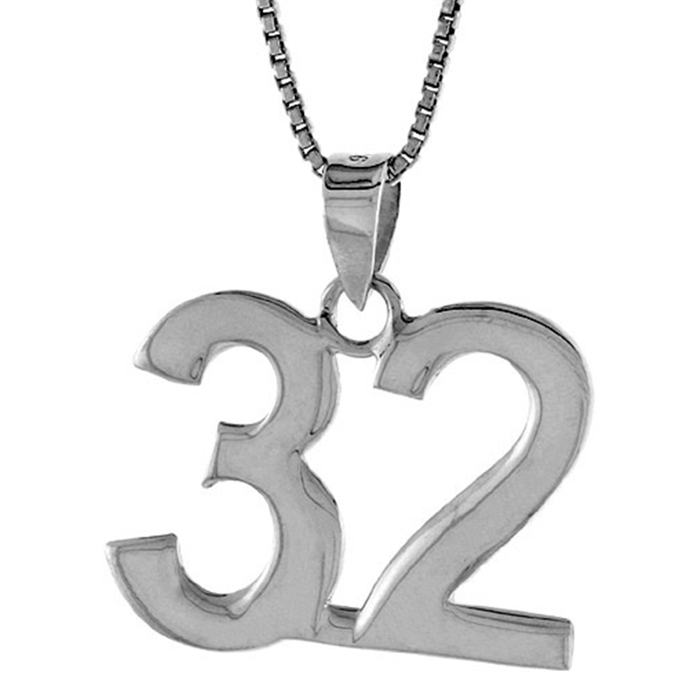 Sterling Silver Number 32 Necklace for Jersey Numbers & Recovery High Polish 3/4 inch, 2mm Curb Chain