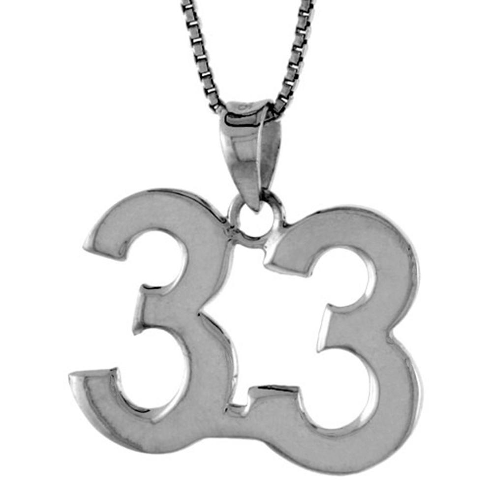 Sterling Silver Number 33 Necklace for Jersey Numbers & Recovery High Polish 3/4 inch, 2mm Curb Chain