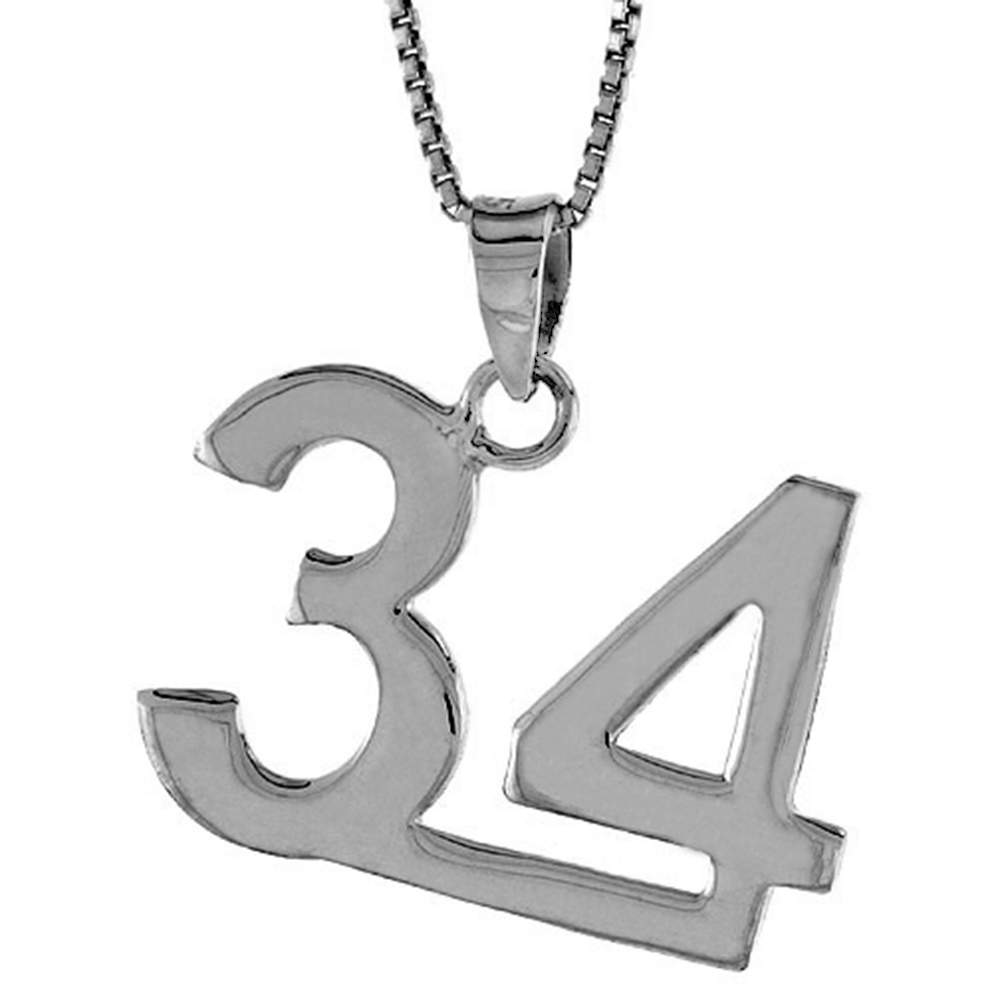 Sterling Silver Number 34 Necklace for Jersey Numbers & Recovery High Polish 3/4 inch, 2mm Curb Chain