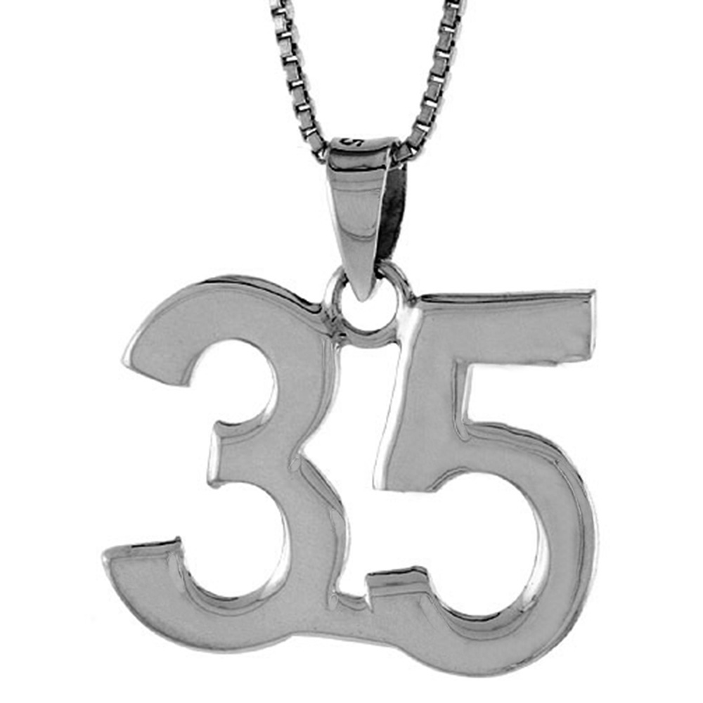 Sterling Silver Number 35 Necklace for Jersey Numbers &amp; Recovery High Polish 3/4 inch, 2mm Curb Chain
