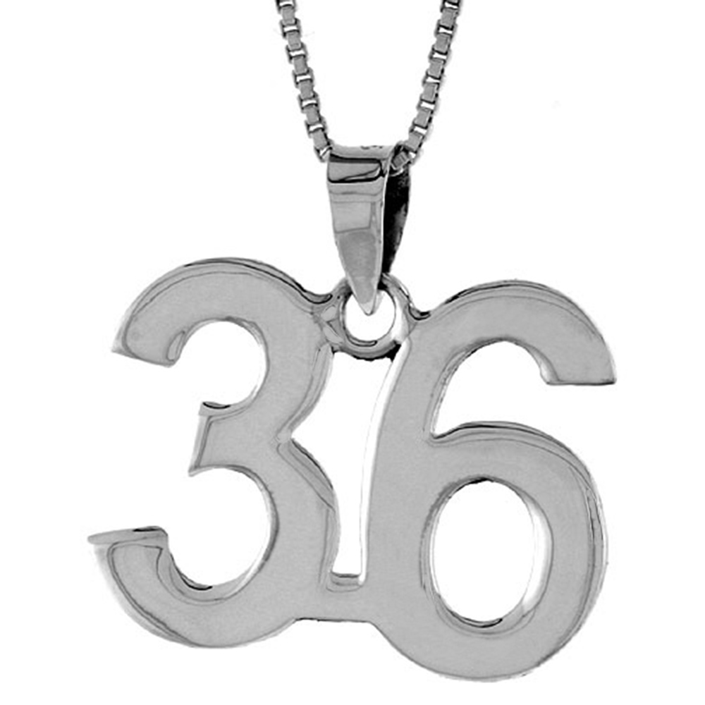 Sterling Silver Number 36 Necklace for Jersey Numbers & Recovery High Polish 3/4 inch, 2mm Curb Chain