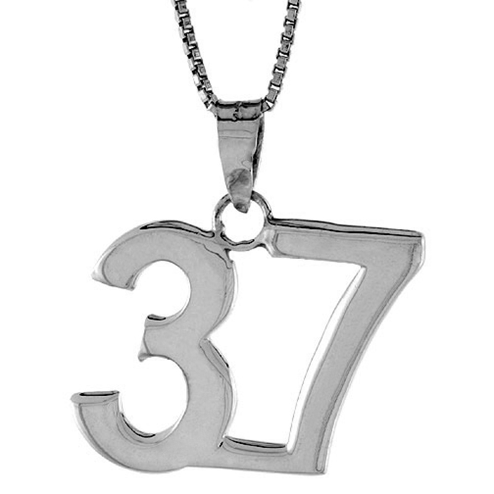 Sterling Silver Number 37 Necklace for Jersey Numbers &amp; Recovery High Polish 3/4 inch, 2mm Curb Chain