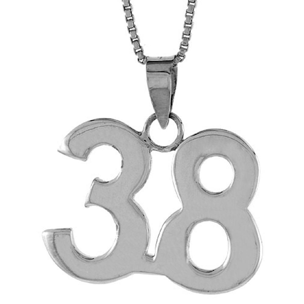 Sterling Silver Number 38 Necklace for Jersey Numbers &amp; Recovery High Polish 3/4 inch, 2mm Curb Chain