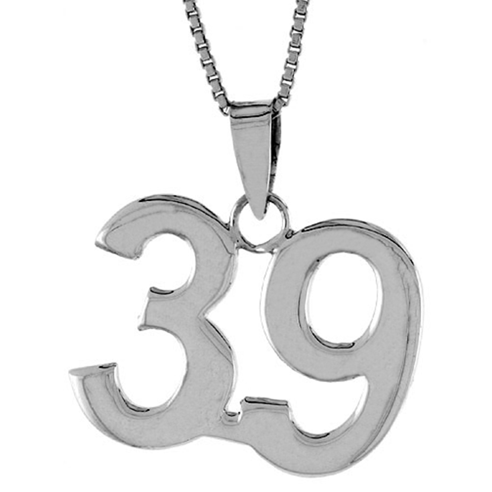 Sterling Silver Number 39 Necklace for Jersey Numbers & Recovery High Polish 3/4 inch, 2mm Curb Chain