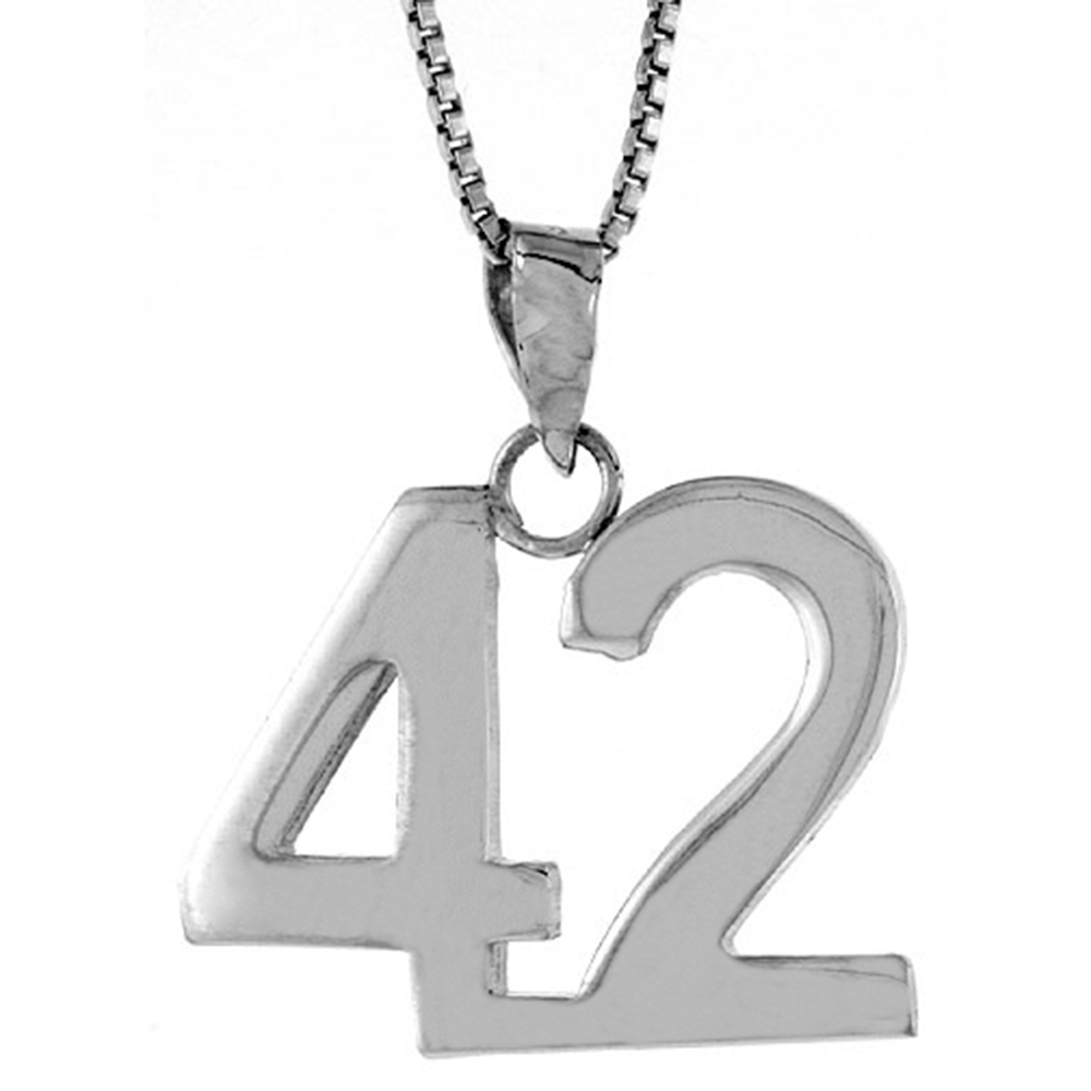Sterling Silver Number 42 Necklace for Jersey Numbers & Recovery High Polish 3/4 inch, 2mm Curb Chain