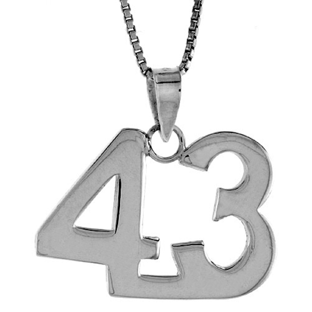 Sterling Silver Number 43 Necklace for Jersey Numbers & Recovery High Polish 3/4 inch, 2mm Curb Chain